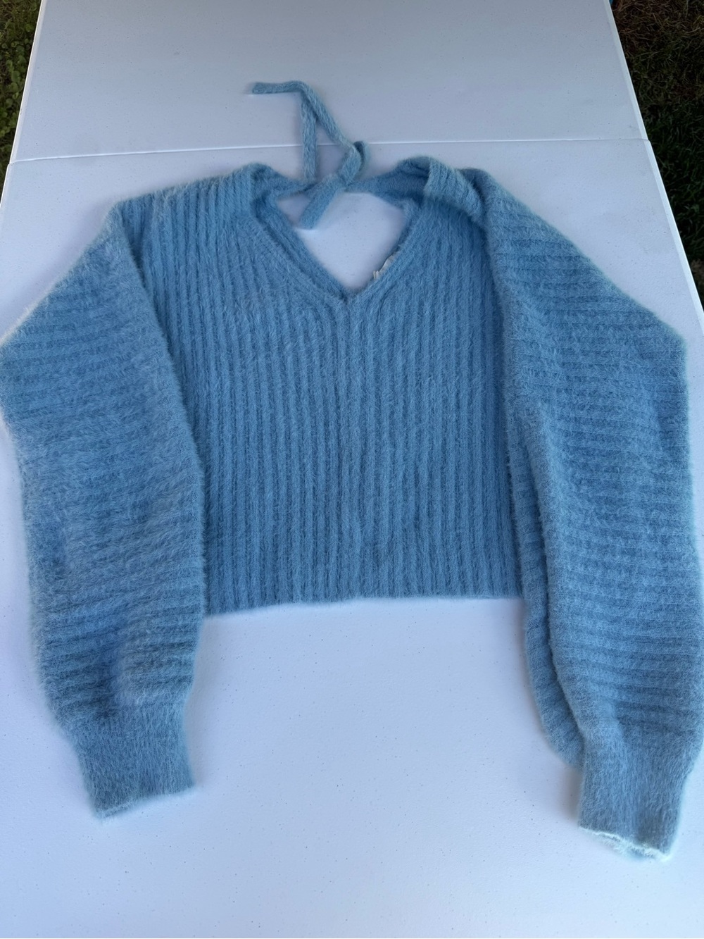 Women’s Sky Blue V-Neck Cropped Mohair Sweater from Altr’d State